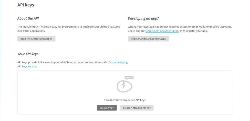 MailChimp api keys create a key