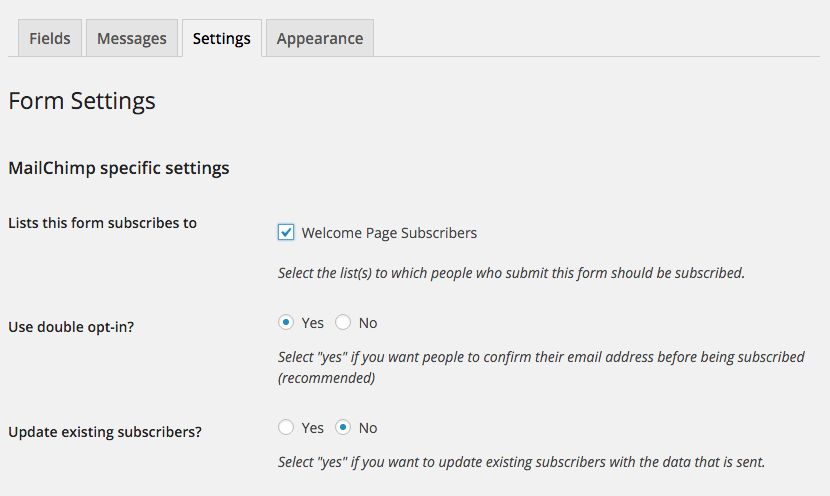 MailChimp for WordPress form settings