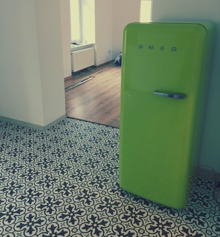 Smeg fridge in a bright kitchen